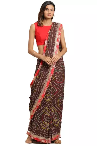 Hand Dyed Brown Bandhani Georgette Sustainable Saree