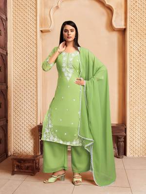 Green colour georgette fabric smart chikankari work formal readymade suit 1