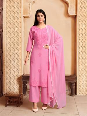 Pink colour rayon fabric smart chikankari work formal readymade suit 1