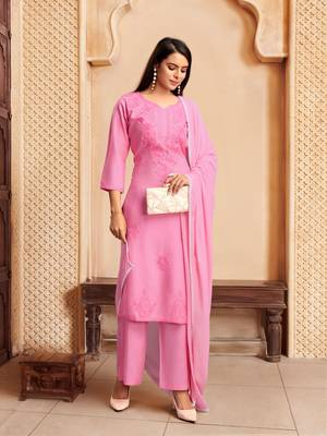 Pink colour rayon fabric smart chikankari work formal readymade suit 4