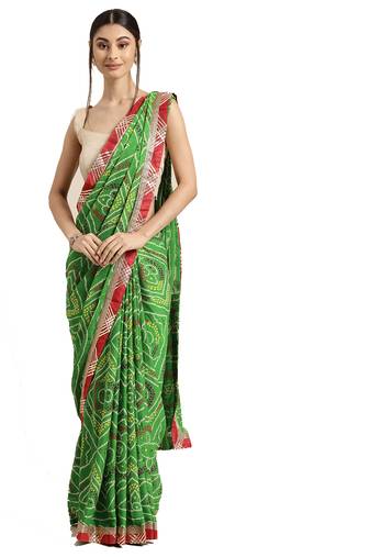 Hand Dyed Green Bandhani Georgette Sustainable Saree