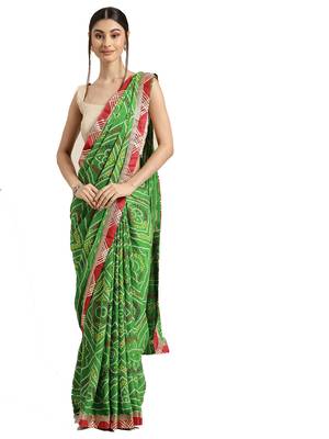 Hand Dyed Green Bandhani Georgette Sustainable Saree 1
