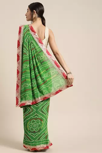 Hand Dyed Green Bandhani Georgette Sustainable Saree