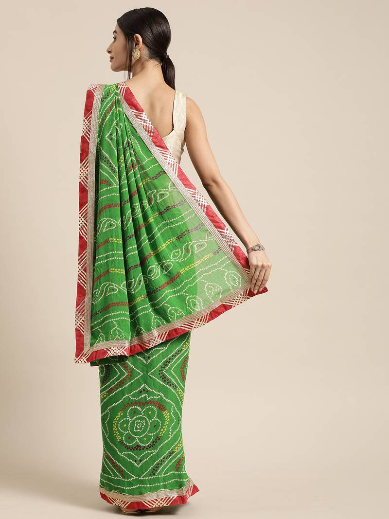 Hand Dyed Green Bandhani Georgette Sustainable Saree