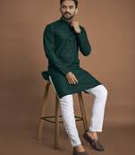 Dark green embroidered rayon straight kurta with payjama