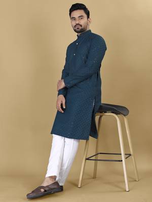 Navy blue embroidered rayon straight kurta 1