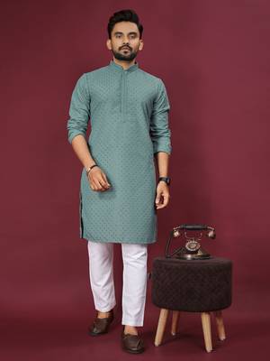 Green embroidered rayon straight kurta with payjama 1