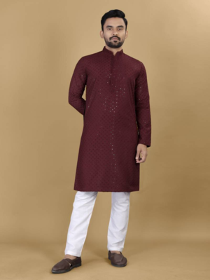 Maroon embroidered rayon straight kurta 1