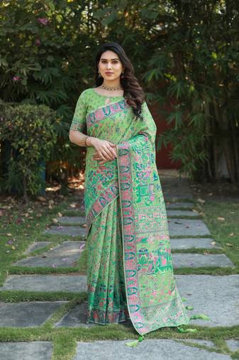 Women Green Pashmina Printed Saree And Zari Border Rich Pallu Saree With Blouse For Women