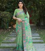 Women Green Pashmina Printed Saree And Zari Border Rich Pallu Saree With Blouse For Women