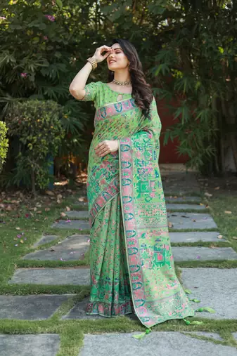 Women Green Pashmina Printed Saree And Zari Border Rich Pallu Saree With Blouse For Women