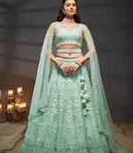 Turquoise blue Net Cutdana, Sequins and Zarkan embroidery Semi-Stitched Lehenga choli & Dupatta