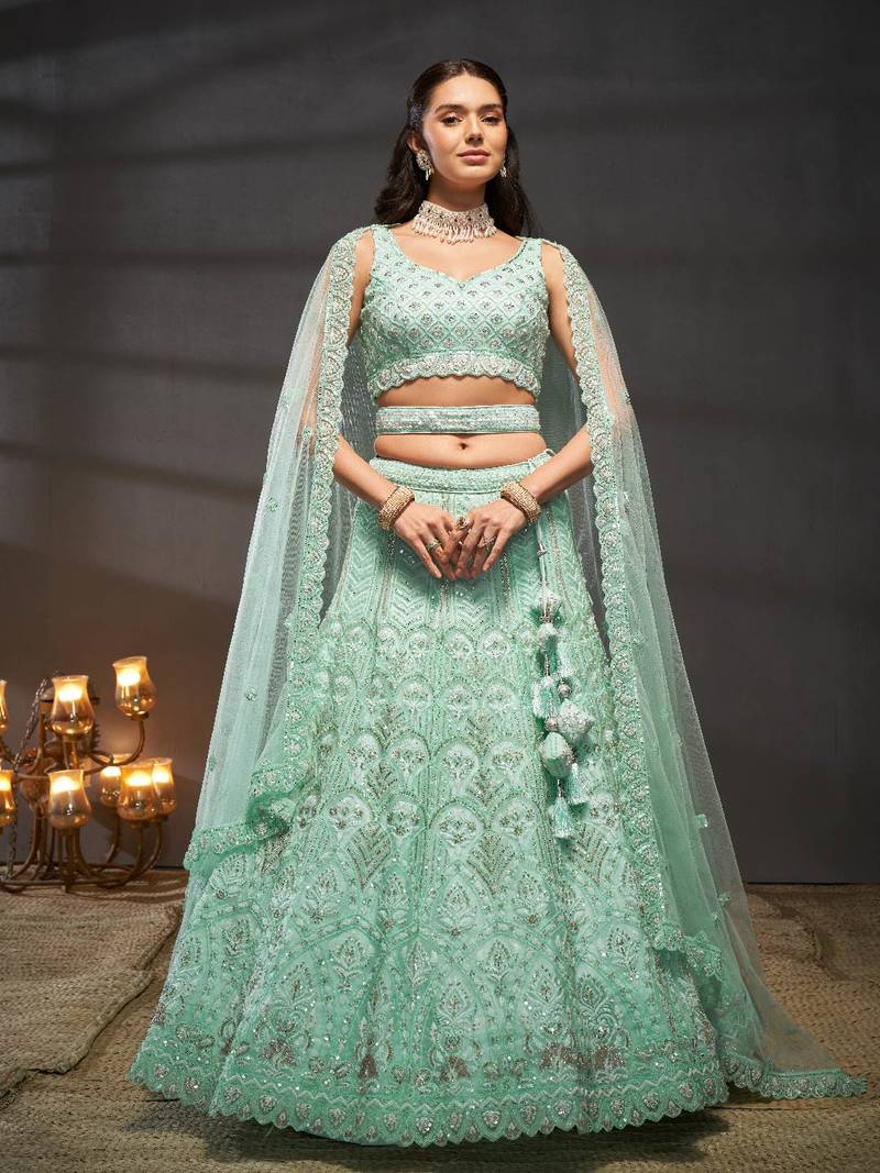 Turquoise blue Net Cutdana, Sequins and Zarkan embroidery Semi-Stitched Lehenga choli & Dupatta