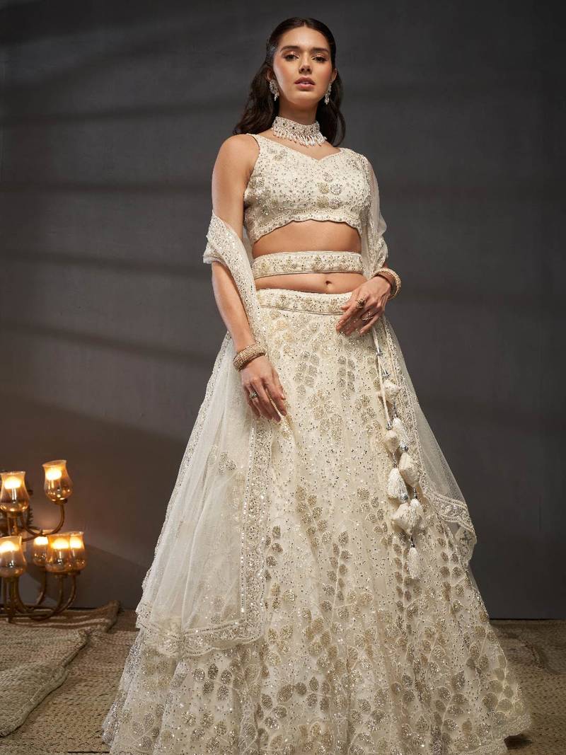 Cream Net Cutdana, Sequins and Zarkan embroidery Semi-Stitched Lehenga choli & Dupatta