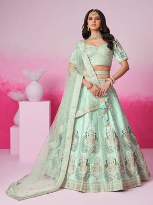 Sea Green Pure silk Sequins embroidery Semi-Stitched Bridel Lehenga choli & Dupatta 1