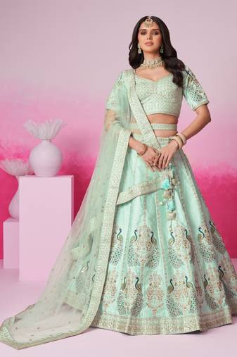 Sea Green Pure silk Sequins embroidery Semi-Stitched Bridel Lehenga choli & Dupatta