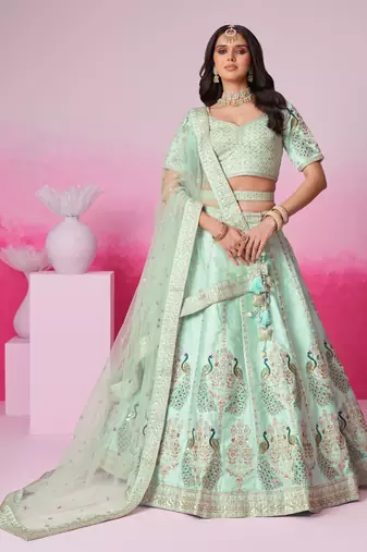 Sea Green Pure silk Sequins embroidery Semi-Stitched Bridel Lehenga choli & Dupatta