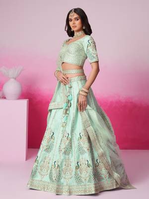 Sea Green Pure silk Sequins embroidery Semi-Stitched Bridel Lehenga choli & Dupatta 2