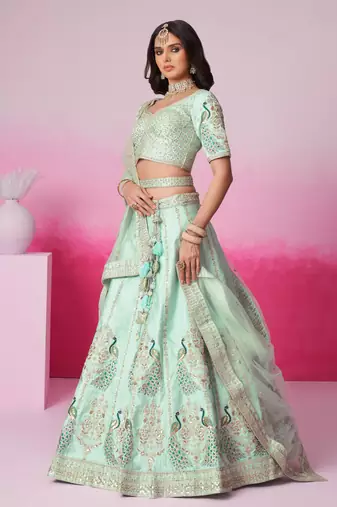 Sea Green Pure silk Sequins embroidery Semi-Stitched Bridel Lehenga choli & Dupatta
