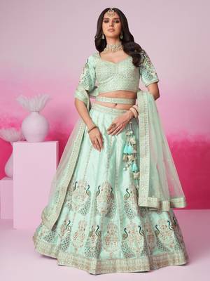 Sea Green Pure silk Sequins embroidery Semi-Stitched Bridel Lehenga choli & Dupatta 3
