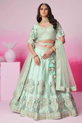 Sea Green Pure silk Sequins embroidery Semi-Stitched Bridel Lehenga choli & Dupatta