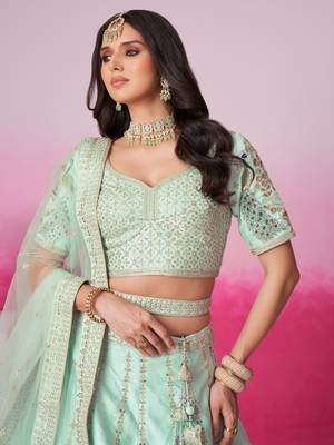 Sea Green Pure silk Sequins embroidery Semi-Stitched Bridel Lehenga choli & Dupatta 4