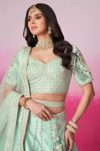 Sea Green Pure silk Sequins embroidery Semi-Stitched Bridel Lehenga choli & Dupatta