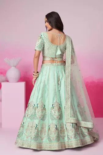 Sea Green Pure silk Sequins embroidery Semi-Stitched Bridel Lehenga choli & Dupatta