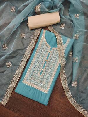Turquoise Roman silk blend Embroidered Unstitched Dress Material 1