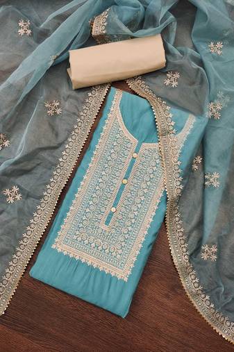 Turquoise Roman silk blend Embroidered Unstitched Dress Material
