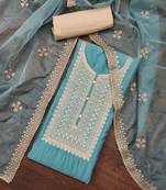 Turquoise Roman silk blend Embroidered Unstitched Dress Material