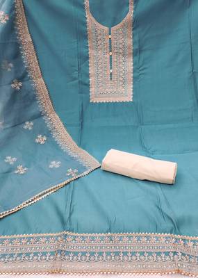Turquoise Roman silk blend Embroidered Unstitched Dress Material 3