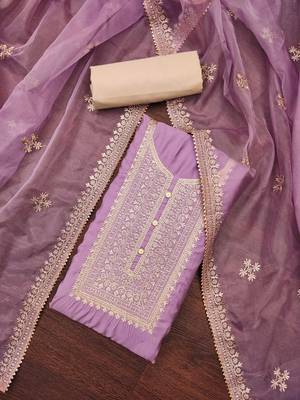 Lavender Roman silk blend Embroidered Unstitched Dress Material 1