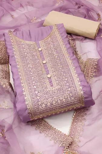 Lavender Roman silk blend Embroidered Unstitched Dress Material