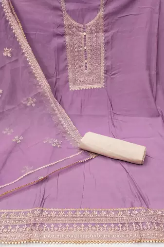 Lavender Roman silk blend Embroidered Unstitched Dress Material