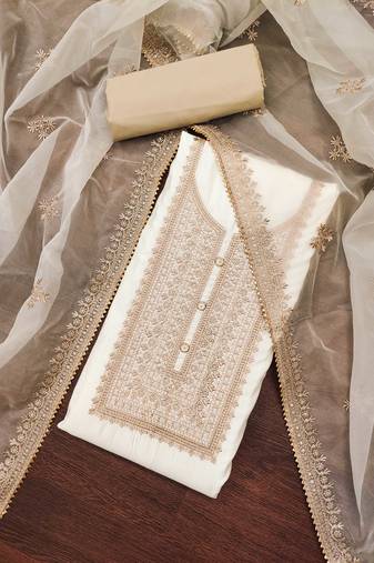 white roman silk blend embroidered unstitched dress material