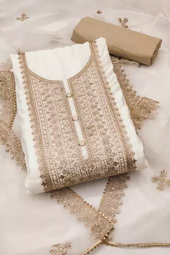 white roman silk blend embroidered unstitched dress material
