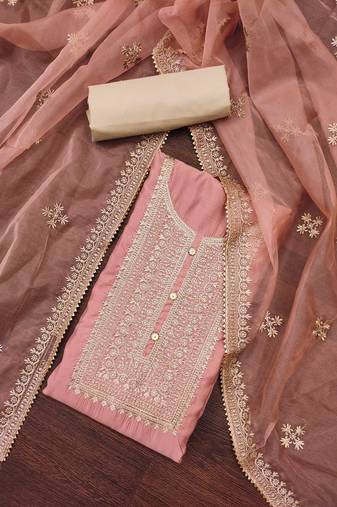 Peach Roman silk blend Embroidered Unstitched Dress Material