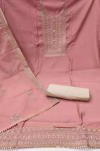 Peach Roman silk blend Embroidered Unstitched Dress Material