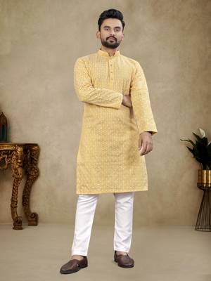 Yellow lucknowi work silk straight kurta 1