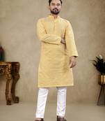 Yellow lucknowi work silk straight kurta