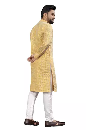 Yellow lucknowi work silk straight kurta
