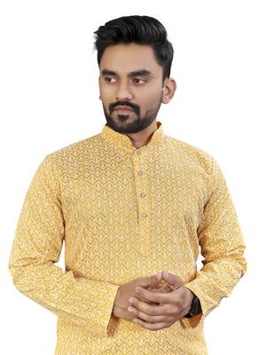 Yellow lucknowi work silk straight kurta 3