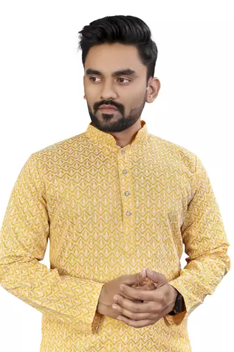 Yellow lucknowi work silk straight kurta