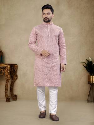 Pink lucknowi work silk straight kurta 1