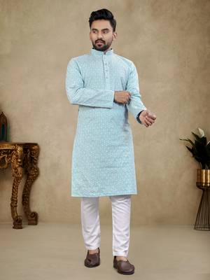 Light blue lucknowi work silk straight kurta 1