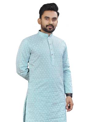 Light blue lucknowi work silk straight kurta 3