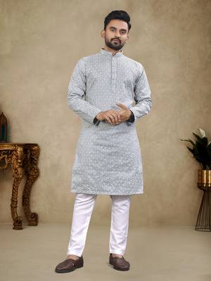 Grey lucknowi work silk straight kurta 1
