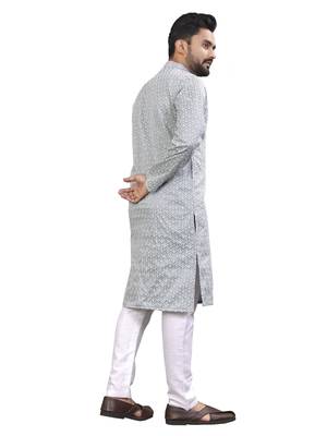 Grey lucknowi work silk straight kurta 2