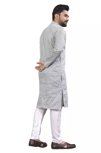 Grey lucknowi work silk straight kurta